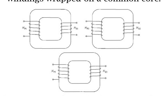 A three phase transformer bank composed of independent transformers
